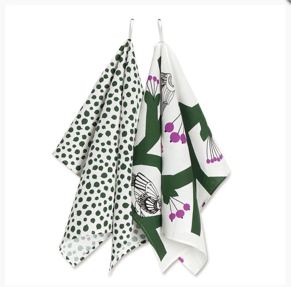 Marimekko Pekko Pakkanen Kitchen Towel White Green Bird Berries Polka Dot 2-Pack